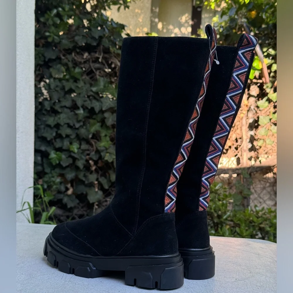 FARM Rio Black Suede Over-the-Knee Boots with Geometric Trim